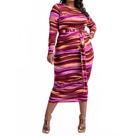 NEW THE CURVE LA plus size knit long sleeve midi dress with self-tie belt in win - Picture 1 of 6